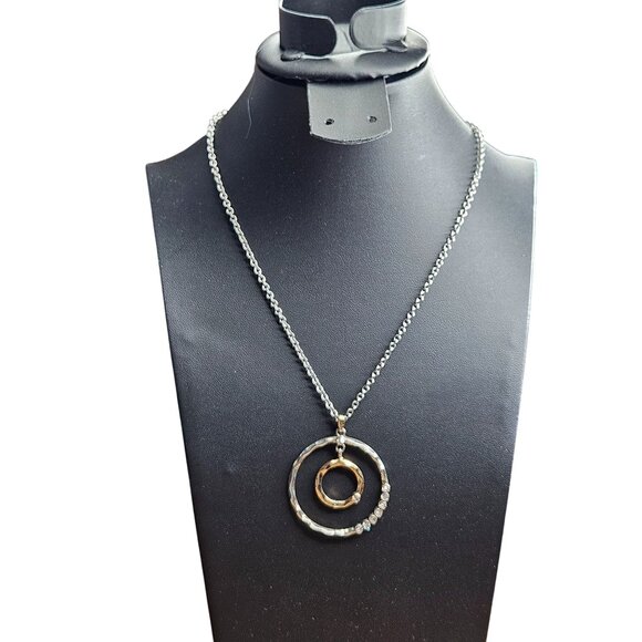 Silvertone Goldtone Hammered Rings Pendant Necklace Clear Rhinestones 17-19 inch - Picture 1 of 5